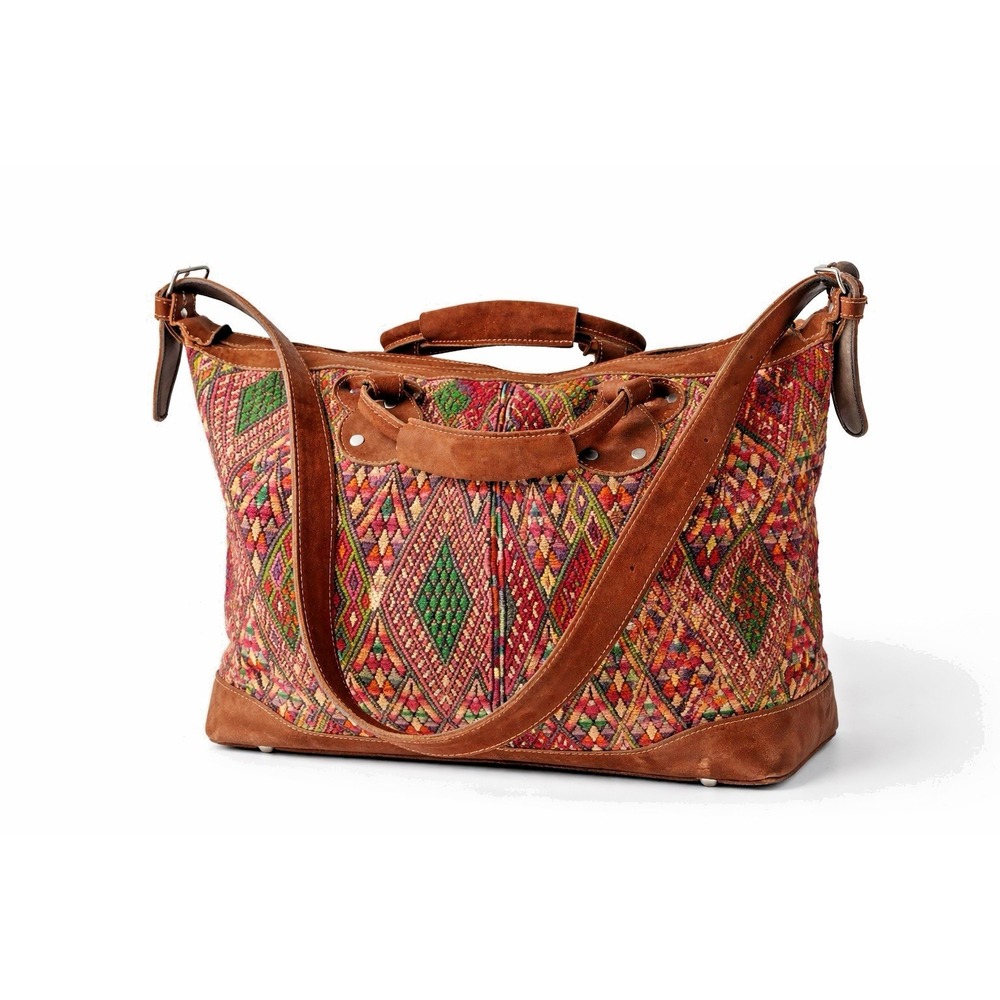 Vintage Guatemalan Artisan Handmade Woven Cotton Huipil & Leather Bag Oversized - Picture 2 of 13